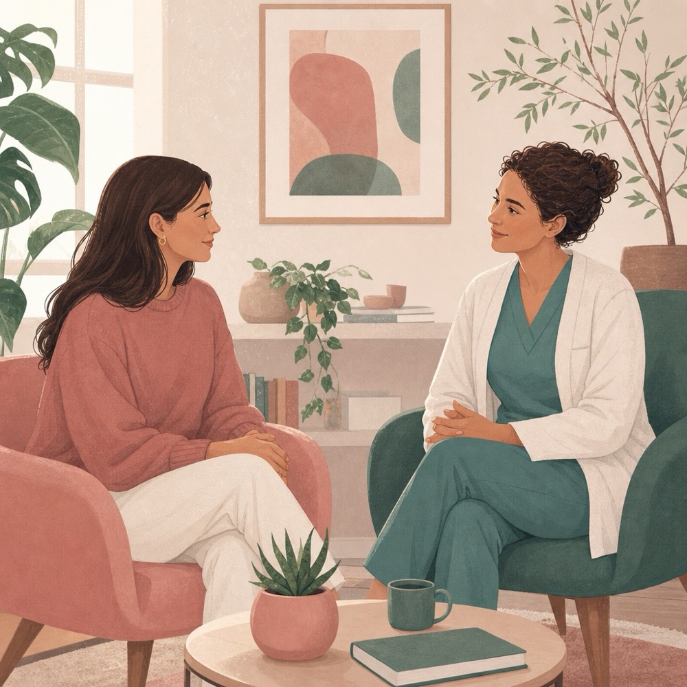 A woman and a friendly healthcare professional having a relaxed, equal conversation while seated