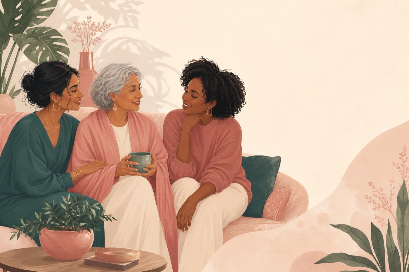 Three women of different ages sitting together in soft daylight, relaxed and talking warmly