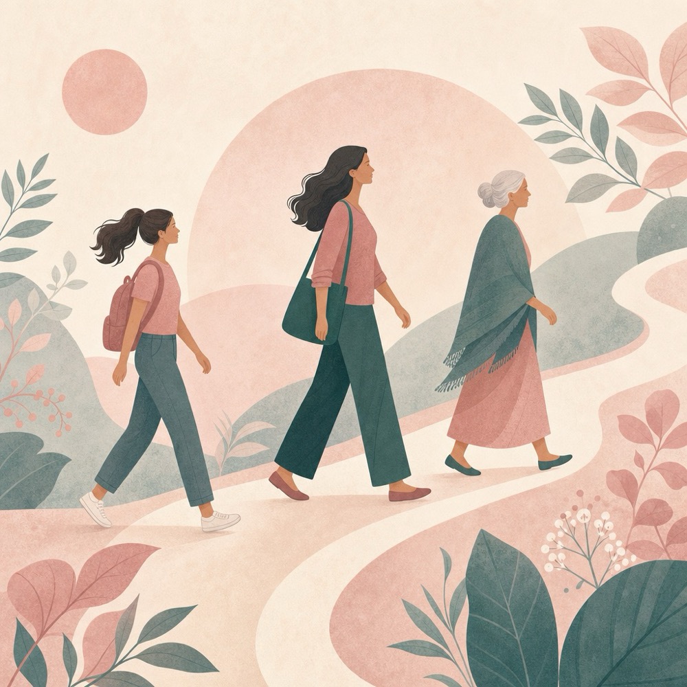 Abstract silhouettes of a young woman, an adult woman and an older woman walking along a soft curving path