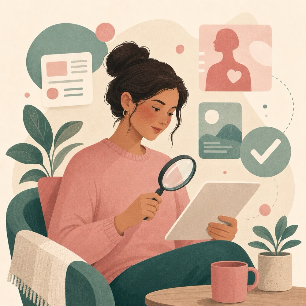 A woman calmly reading on a tablet with a magnifying glass, thoughtfully checking health information