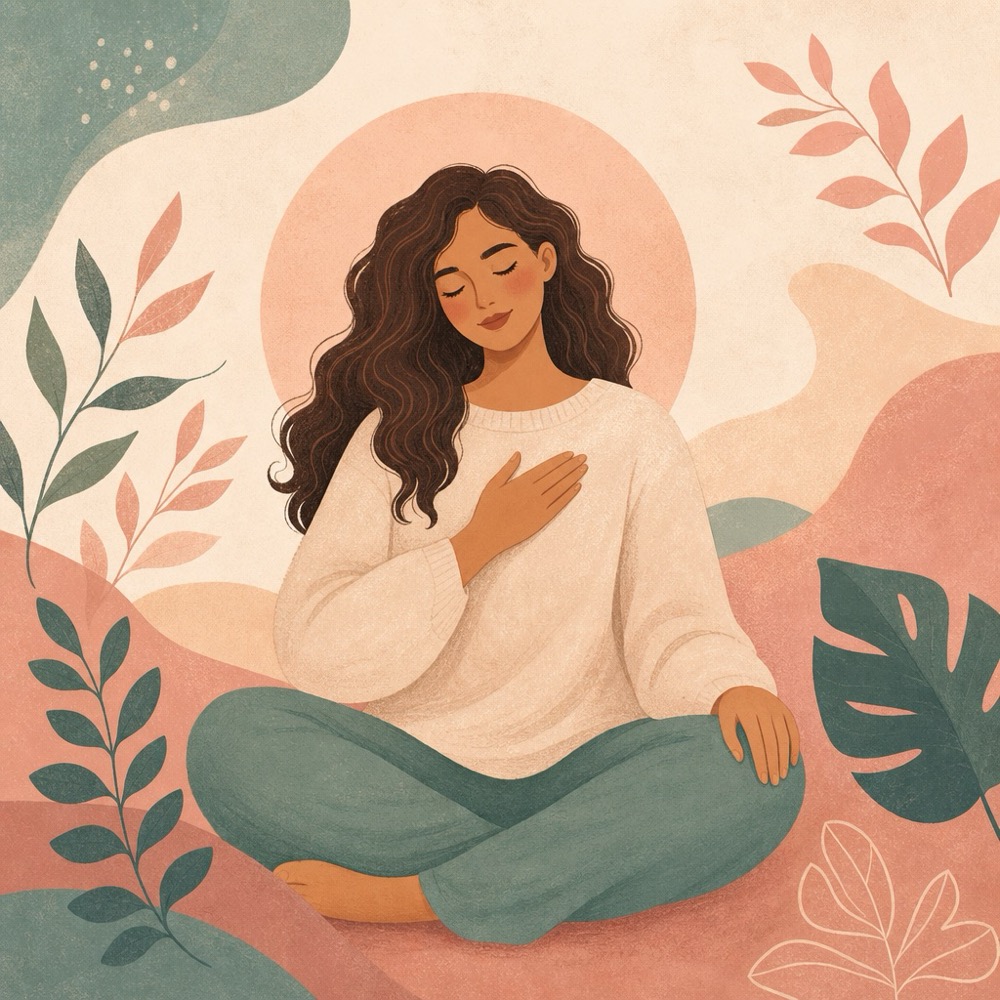 A woman sitting peacefully with a hand resting on her heart, eyes gently closed, surrounded by soft calm shapes