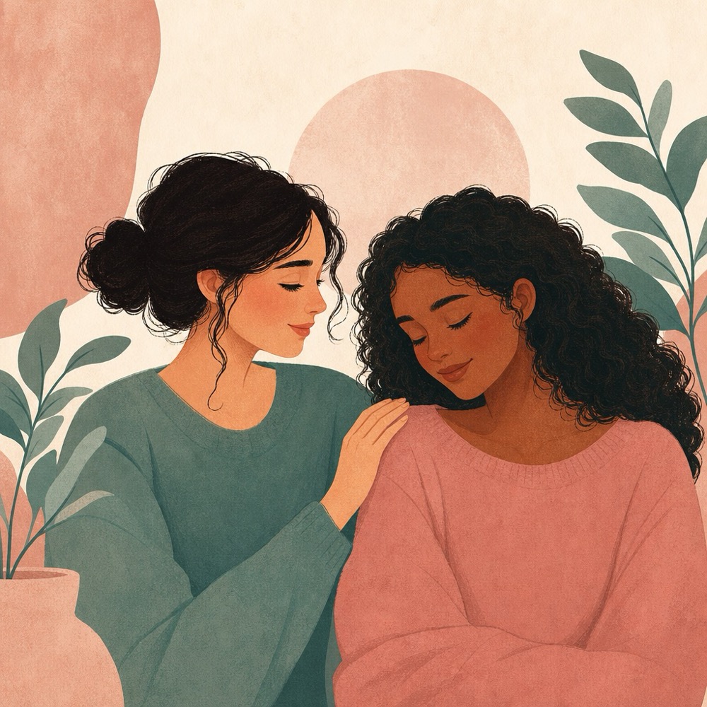 Two women side by side, one gently reassuring the other with a hand on the shoulder
