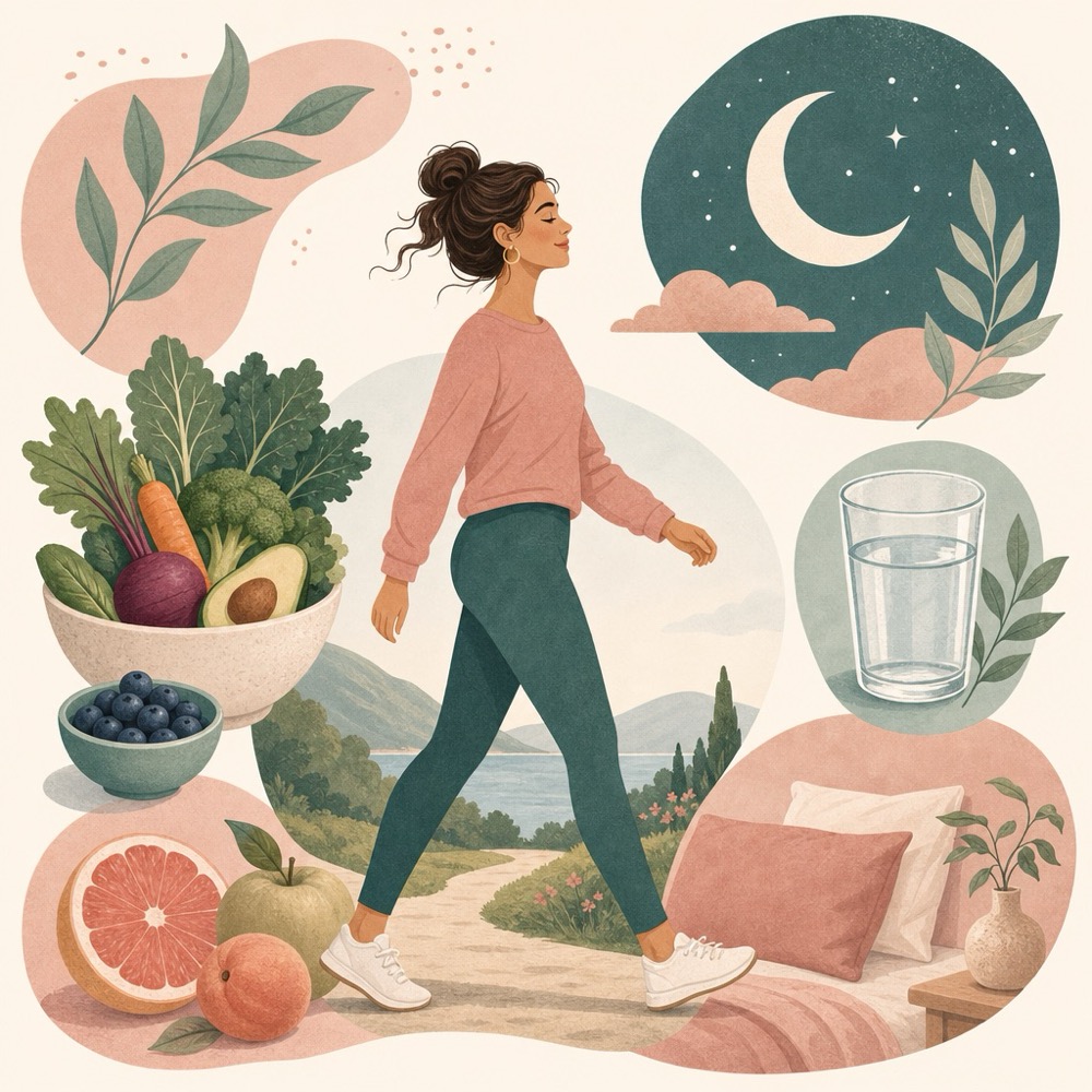 A woman walking outdoors with fresh vegetables, fruit, a glass of water and a moon suggesting good sleep nearby
